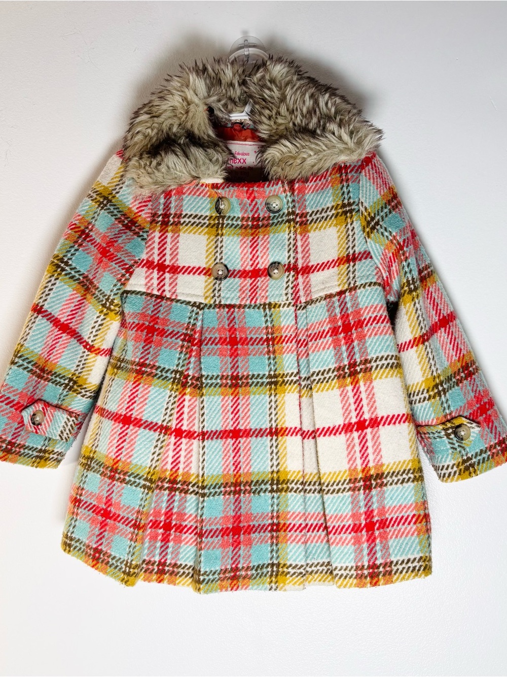 Retro Mexx Girls Vibrant Colorful Plaid Pea Coat Dress Coat Faux Fur Unique